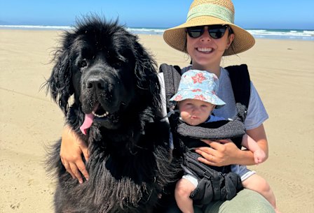 Ellen Milankovic with her baby son, Freddie, and Dotty, their 65-kilogram newfoundland.
