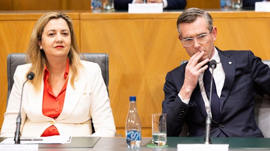 Queensland Premier Annastacia Palaszczuk and NSW Premier Dominic Perrottet during the press conference following national cabinet at Parliament House in Canberra on Friday.