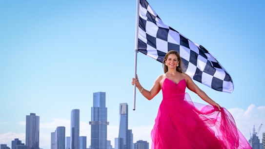 Jockey Michelle Payne in a John Cavill dress and with Stephanie Browne jewels ahead of the Glamour on the Grid party. 