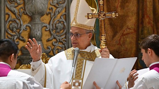Pope Leo XIV concelebrates Mass with the College of Cardinals inside the Sistine Chapel. 