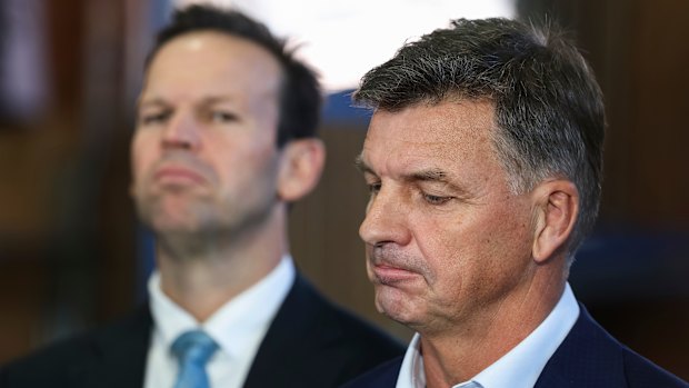 Nationals leader Matt Canavan and Liberal leader Angus Taylor at a doorstop interview during a visit to Eze Steel in Canberra on Thursday. 
