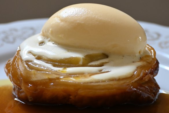 Granny Smith apple tarte tatin with lemon-leaf ice-cream.