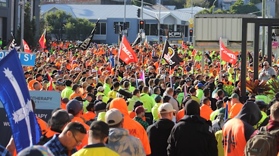 CFMEU members rallying at Bowen Hills this week in the wake of the High Court decision.
