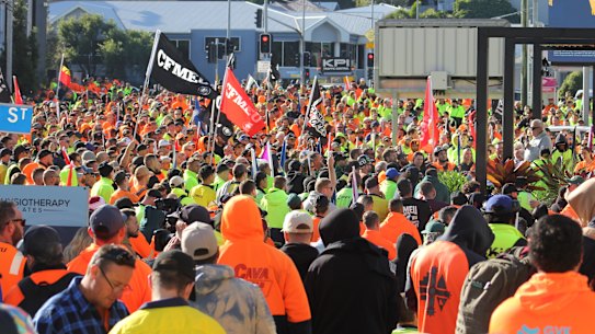 Members of the CFMEU protesting in Brisbane last month.