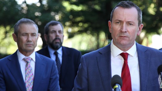 WA Premier Mark McGowan flanked by Health Minister Roger Cook and Chief Health Officer Andy Robertson. 