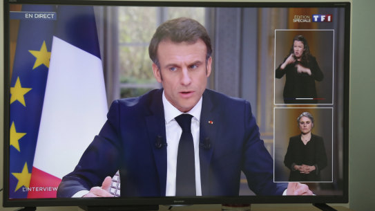French President Emmanuel Macron appeared on national television for the first time since his government forced through the controversial pension bill.