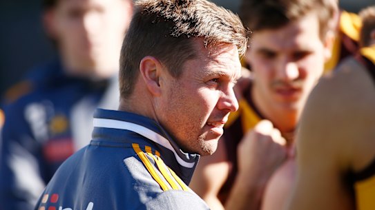 Sam Mitchell addresses his players during the Round 16 VFL match between Collingwood and Box Hill Hawks at the Holden Centre.