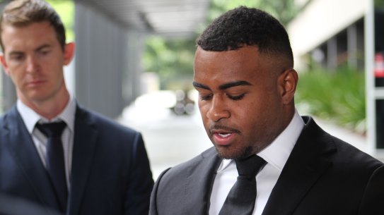 Ezra Mam reads a statement outside Brisbane Magistrates Court on Monday, apologising to his family, his fans, his club and the NRL.