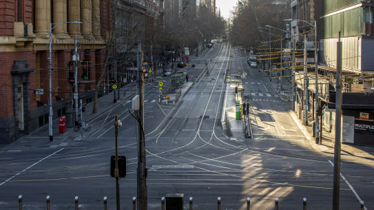 Empty Bourke Street on the eve of Melbourne’s stage four lockdown in August, 2020.