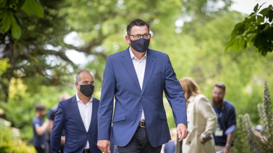 Daniel Andrews approaches the media after the release of the Coate report.