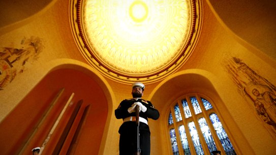The Catafalque party guards the Tomb of the Unknown Australian Soldier.