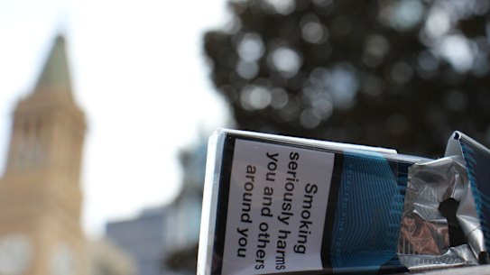 An illegally imported cigarette packet discarded in Brisbane’s CBD.
