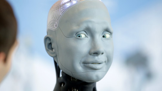 Human shaped robot Ameca of British manufacturer Engineered Arts interacts with visitors in Geneva, Switzerland