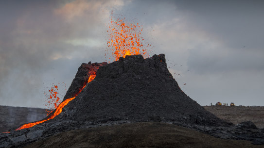 Lava flows from the volcano on the Reykjanes Peninsula.