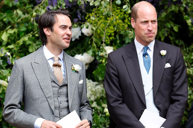 William van Cutsem has been described as like a brother to Prince William. They are pictured at the wedding of Hugh Grosvenor, Duke of Westminster, and Olivia Henson at Chester Cathedral on June 7, 2024.