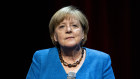 Former German Chancellor Angela Merkel answers questions.