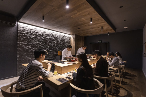 Chefs Tei Gim and Jun Pak behind their omakase counter at Aoi Tsuki in South Yarra.