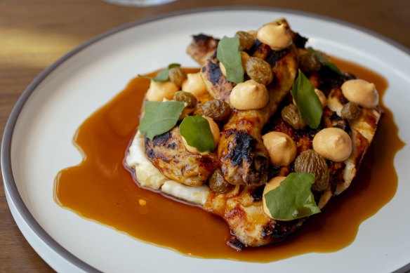 Go-to dish: Harissa-basted Hunter Valley half chicken, bunya nut tarator, labne, golden raisins, sorrel. 