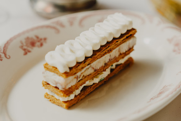 Millefeuille d’anguille fume, a creamy explosion of flaky pastry, smoked eel, celeriac and apple.