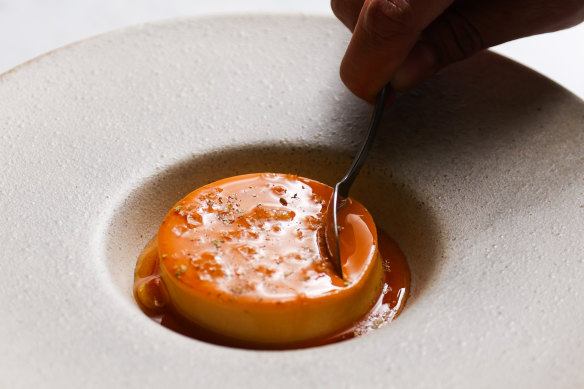 Leche flan, spiked with Murray River salt and lemon myrtle, is richer and firmer than a creme caramel.