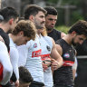 Magpies coach Craig McRae directs his men during a two-hour training session on Tuesday.
