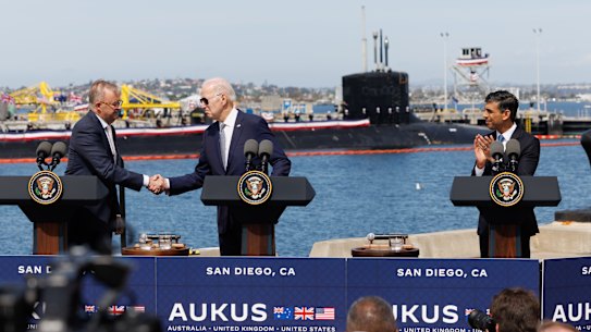 Prime Minister Anthony Albanese, President of the United States Joe Biden and UK Prime Minister Rishi Sunak during the AUKUS announcement at Naval Base Point Loma in San Diego.