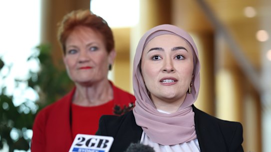 One Nation leader Senator Pauline Hanson and Senator Fatima Payman during a press conference at Parliament House in Canberra on Thursday 17 September 2026.