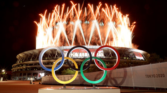 Fireworks go off during the opening ceremony of the Tokyo 2020 Olympic Games.