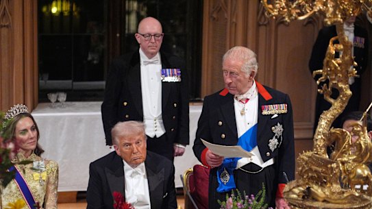 WINDSOR, ENGLAND - SEPTEMBER 17: King Charles III delivers his speech as US President Donald Trump and Catherine, Princess of Wales listen during a State Banquet at Windsor Castle for the State visit by the President of the United States of America on September 17, 2025 in Windsor, England. President Trump is in England from Sept. 16-18 on his second UK state visit, with the previous one taking place in 2019 during his first presidential term. (Photo by Yui Mok - WPA Pool/Getty Images)