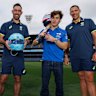Glenn Maxwell (second from left) and Scott Boland (far right) pressed the flesh with Alpine Formula 1 racers Pierre Gasly and Franco Colapinto at the MCG on Wednesday.