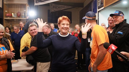 Pauline Hanson arrives at a One Nation event in Mornington on the Nepean Peninsula ahead of Saturday's by-election.