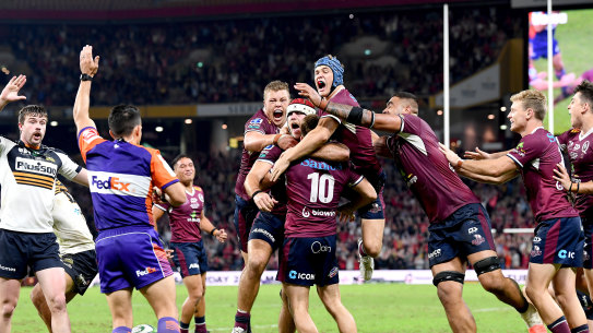 What a finish ... Brumbies back Mack Hansen pleads with Nic Berry for a knock-on call as he awards James O’Connor’s try.