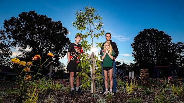 Eleanor Bryant’s husband Tim Bryant with their two children Charlie and Tully, now aged 13 and 11. The tree was planted in Eleanor’s honour.