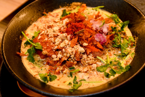 Spicy lamb ramen, featuring minced lamb in a lightly curried broth.