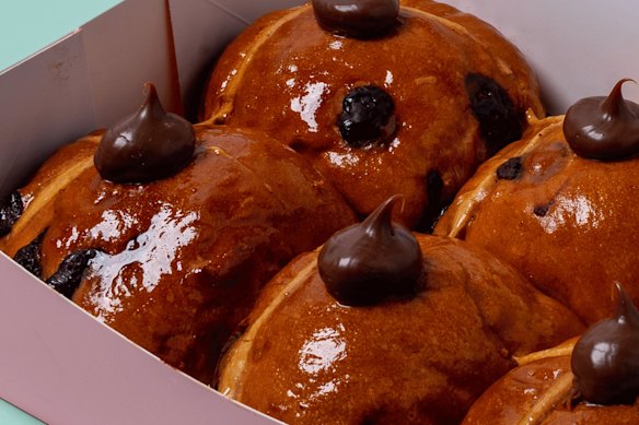 Penny for Pound's mocha cross bun filled with Axil espresso milk chocolate ganache. 