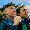 Ian Thorpe and Grant Hackett after winning gold and silver in the 400m freestyle at Athens 2004.