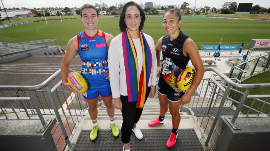 Bulldog Bonnie Toogood and Carlton’s Darcy Vescio with AFLW boss Nicole Livingstone. The Friday night fixture will stay the same.