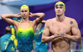 Emma McKeon and Cody Simpson at the pool in Birmingham. Kyle Chalmers says he’s on good terms with both swimmers.