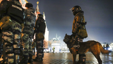 Servicemen of the Russian National Guard gather at the Red Square to prevent a protest rally for Navalny. 