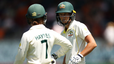 Rachael Haynes and Meg Lanning on day one of the Women’s Ashes Test. 