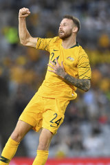 What a start: Martin Boyle celebrates a goal on his Socceroos debut.