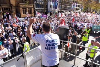 Workers rallying outside state parliament in Sydney this afternoon. 