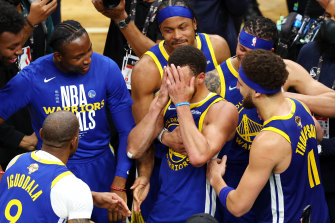 Curry is overcome with emotion after the victory.