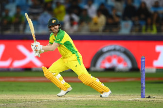 David Warner in action for Australia against New Zealand in the T20 World Cup final.