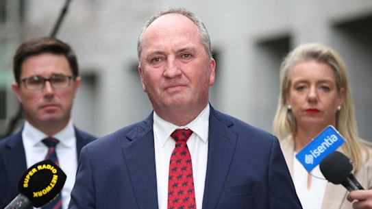 Nationals David Littleproud, Barnaby Joyce and Bridget McKenzie press conference following the Nationals leadership spill at Parliament House in Canberra.