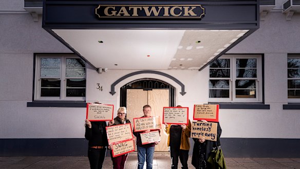 Homelessness support workers including SJ Finn and Billi Clarke outside the Gatwick, where they will gather on Sunday to protest the increase of homelessness in St Kilda since the former boarding house was sold.