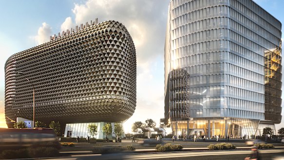 Renders of the Australian Bragg Centre, Adelaide, (building on the right) which has been acquired by Dexus and its wholesale fund.
