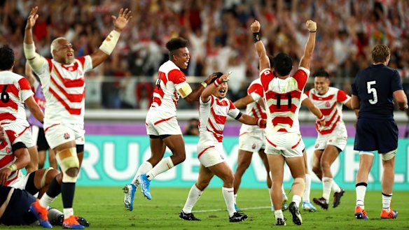The Brave Blossoms celebrate victory over Scotland in the 2019 World Cup.
