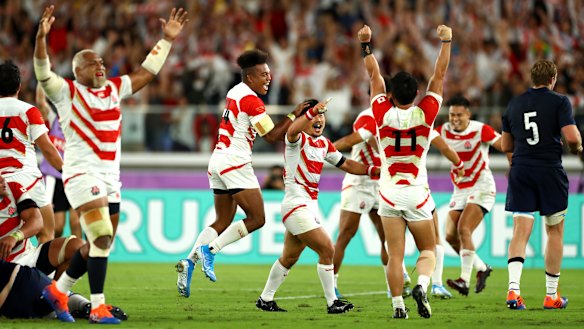 The Brave Blossoms celebrate victory over Scotland in the 2019 World Cup.
