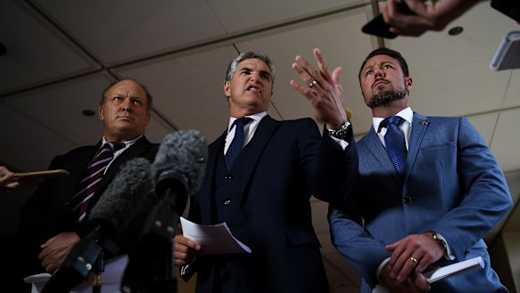 Robbie Katter (centre, with fellow KAP MPs Shane Knuth and Nick Dametto) says he has referred Premier Annastacia Palaszczuk to the CCC.